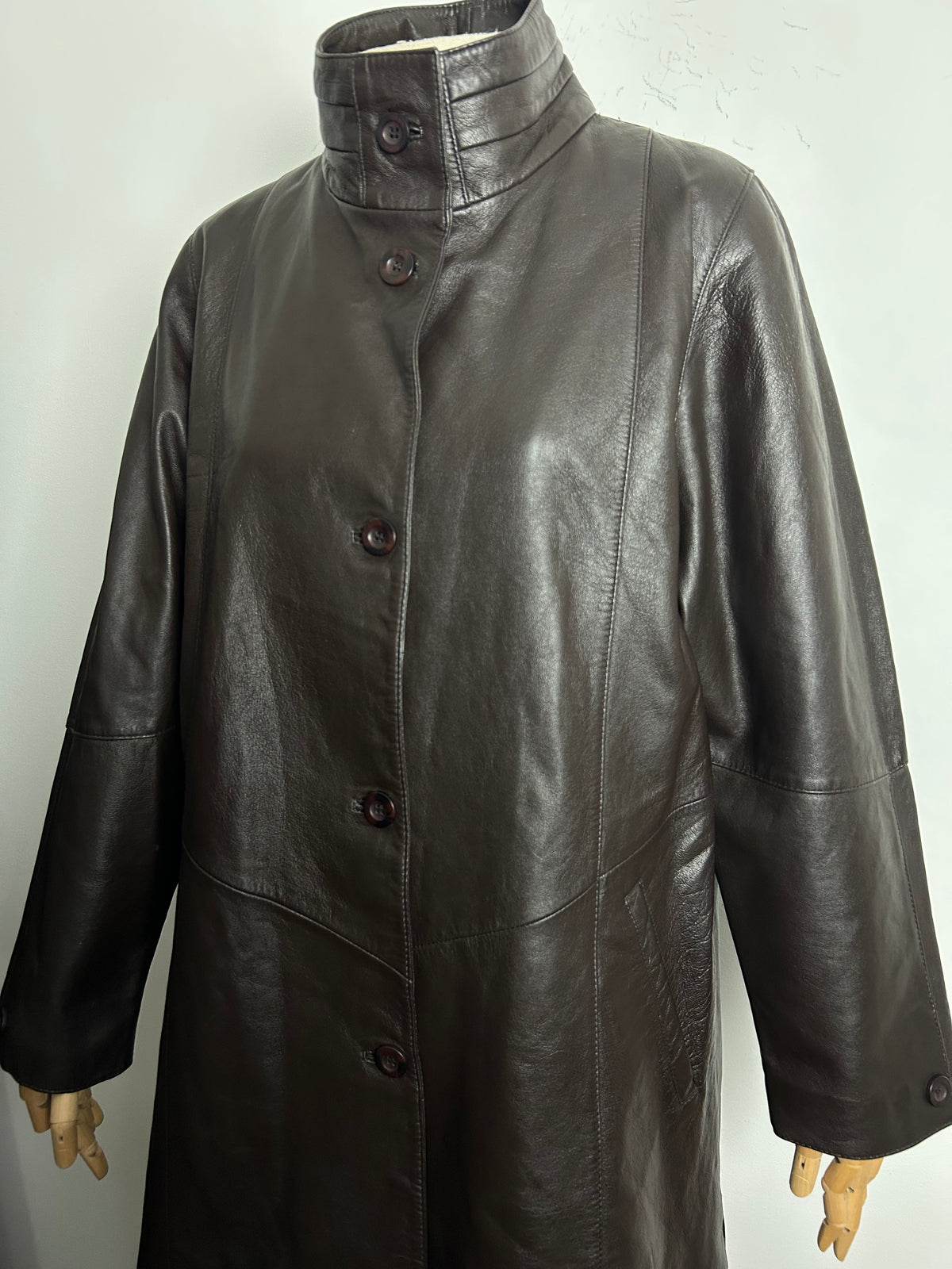 Vintage Late 1980s JULIA ROMA Size 12 Brown Leather Oversized Mid Length Coat