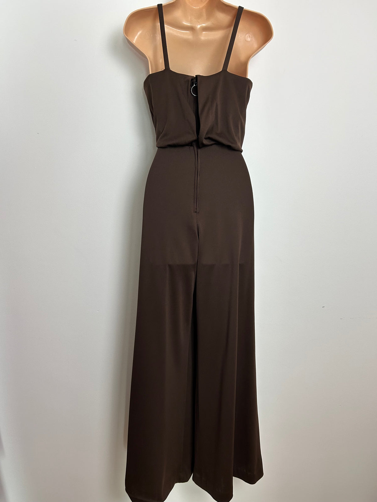 Vintage Late 1970s Size 8 Chocolate Brown Crochet Panel Wide Flared Leg Jumpsuit