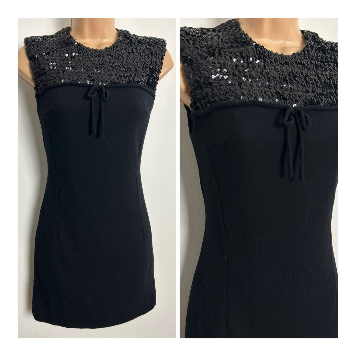 Vintage 1960s Size 8 Mod Sequin Detail Little Black Mini Shift Dress