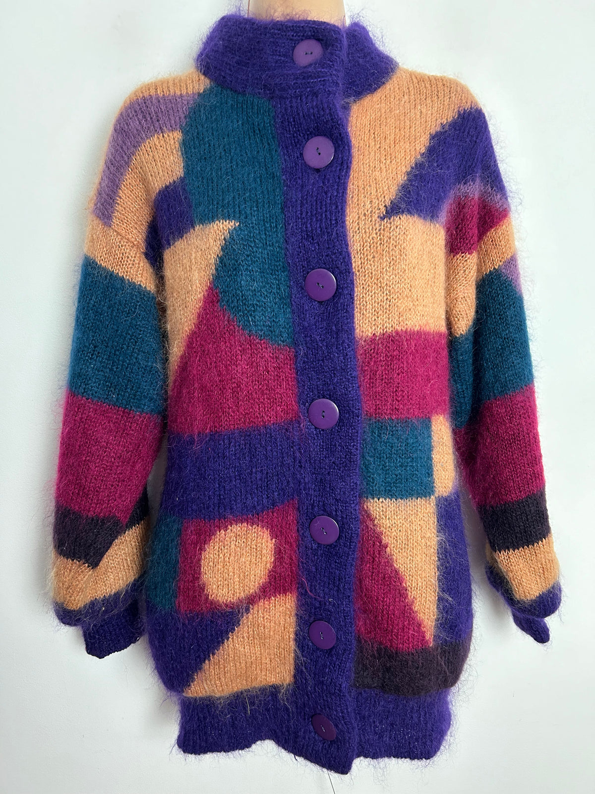 Vintage 1980s C&A One Size Up To Size 14 Purple Dark Pink Green & Sandy Beige Mohair Mix Cardigan/Coatigan
