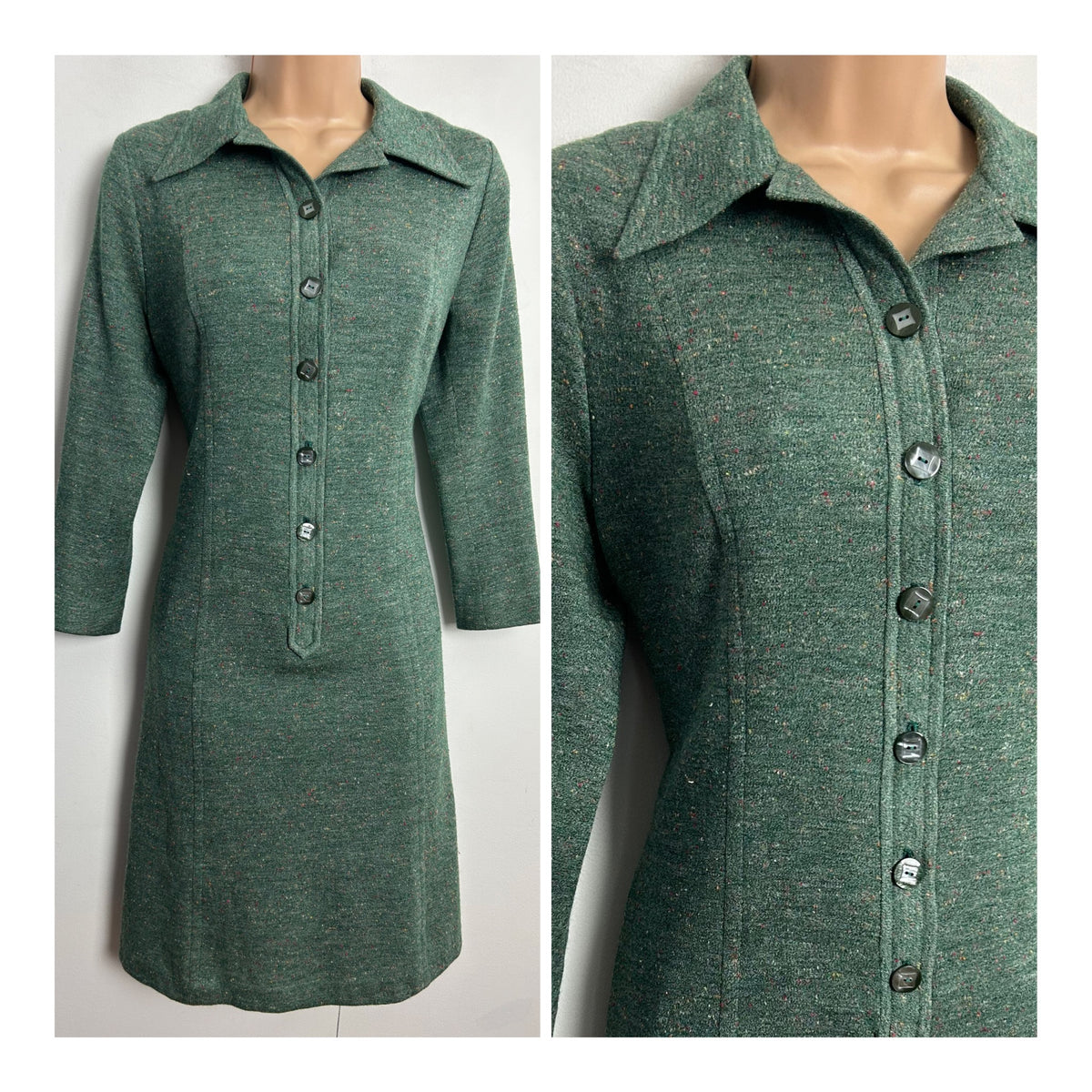 Vintage 1970s UK Size 12 Green Fleck Mod Long Sleeve Wool Jersey Day Dress