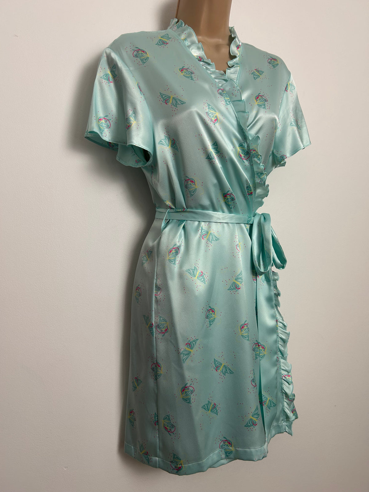 Circa 2008 Y2K Marks & Spencer Size 8-10 Turquoise Green Butterfly Print Silky Wrap Dressing  Gown