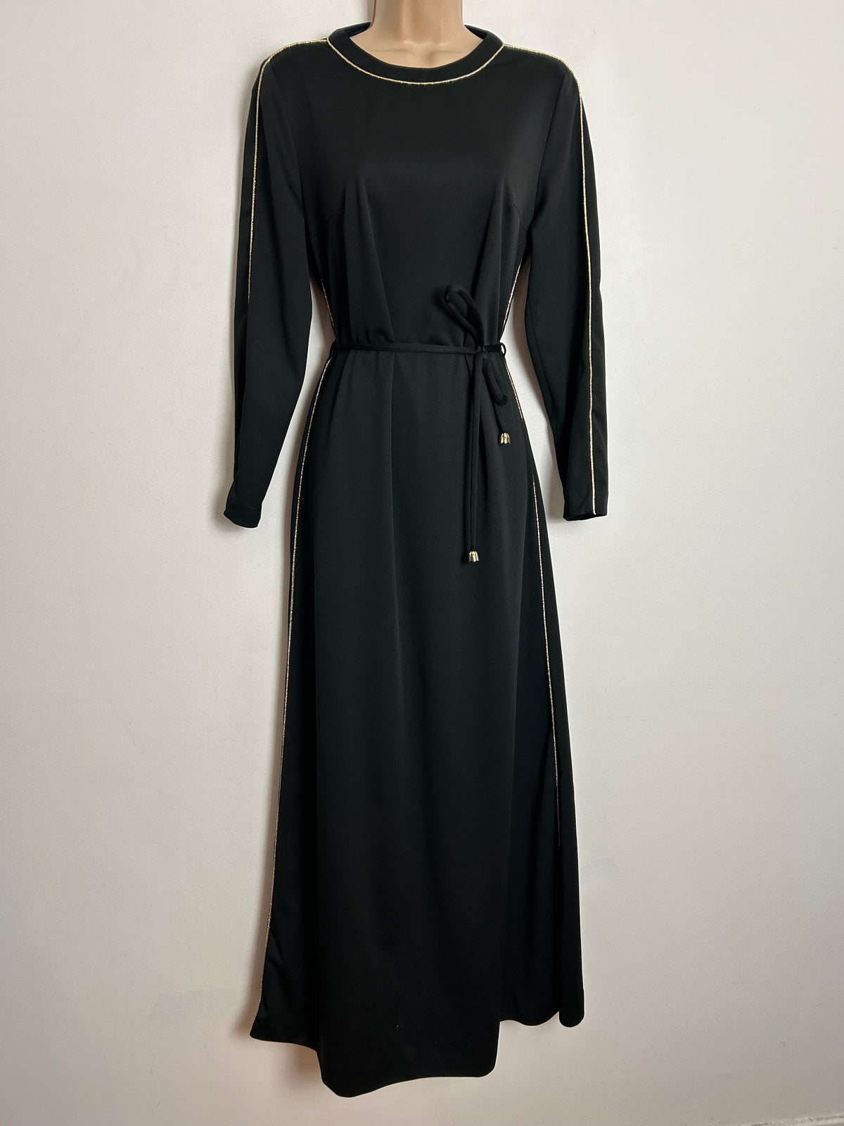 Vintage 1970s UK Size 10-12 Black & Metallic Gold Piping Trim Long Sleeve Belted Maxi Dress