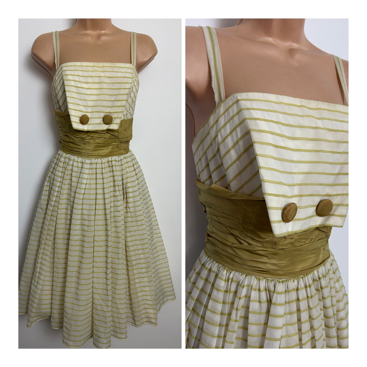 Vintage 1950s Size 4-6 White & Olive Green Stripe Print Ruched Waist Panel Party Prom Dress