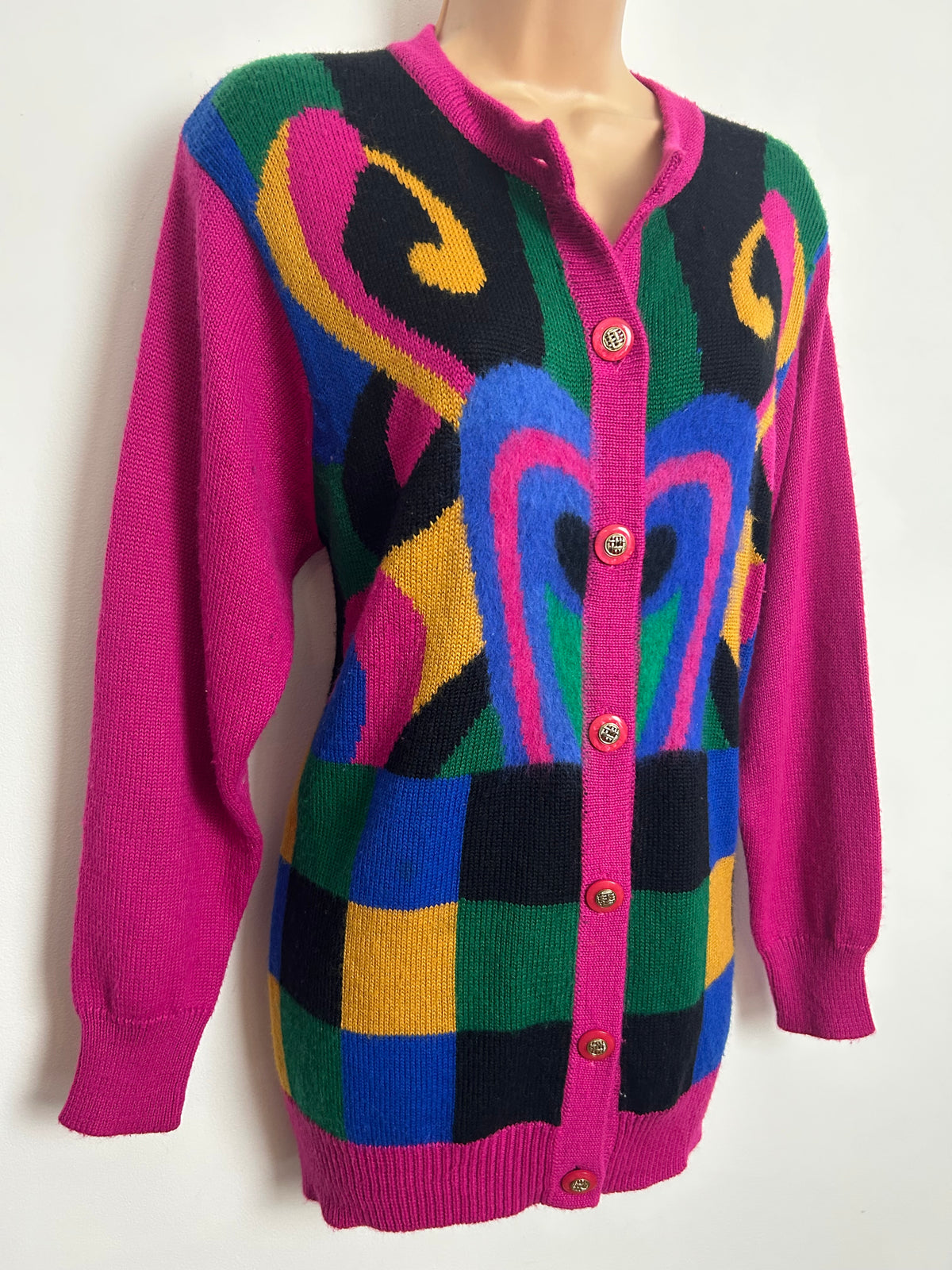 Vintage 1980s Up To Size 12 Pink Mustard Blue Green & Black Abstract Print Wool Mix Cardigan
