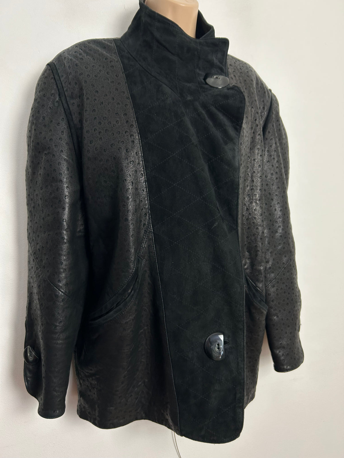 Vintage Early 1980s MARCO Up To Size 14-16 Black Leather Suede Chunky Buttons Over Size Leather Jacket