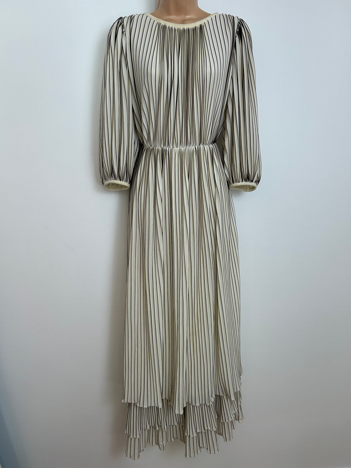 Vintage Late 1970s MARION RUSSELL Size 10 Cream & Brown Plisse Pleated Layered Occasion Maxi Dress