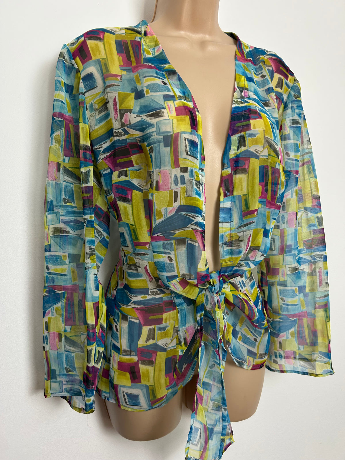 Vintage 1980s Size 12 Blue Pink & Yellowy Green Abstract Print Semi Sheer Tie Front Cover Up Top