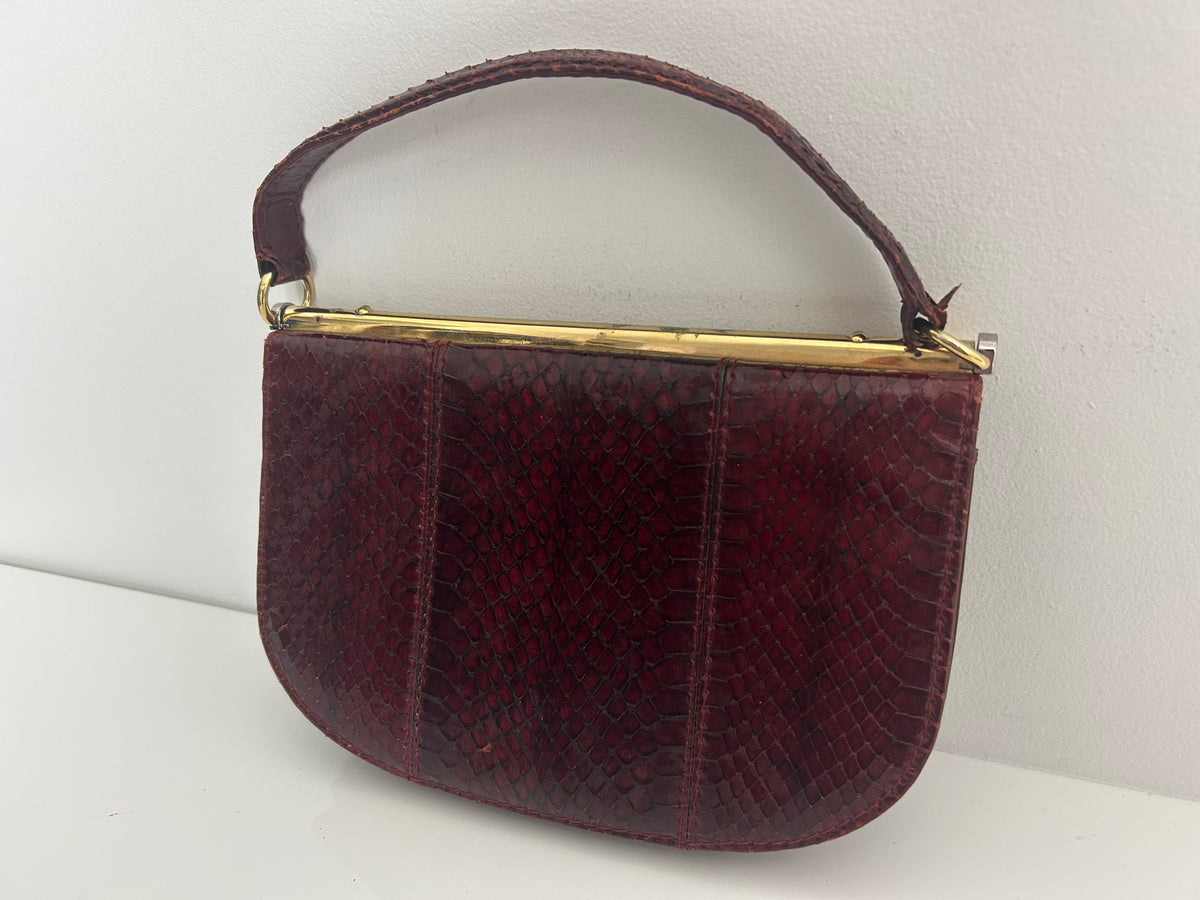 Vintage 1970s MAGLI Made In Italy Red Oxblood Snake Skin Unusual Shaped Handbag
