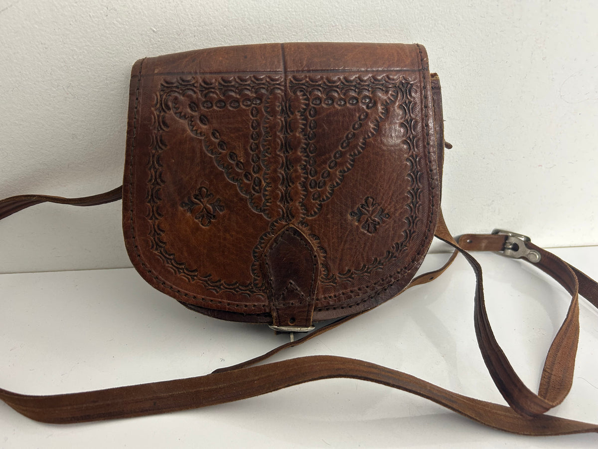 Vintage 1970s Small Brown Leather Tooled Mini Saddle Bag