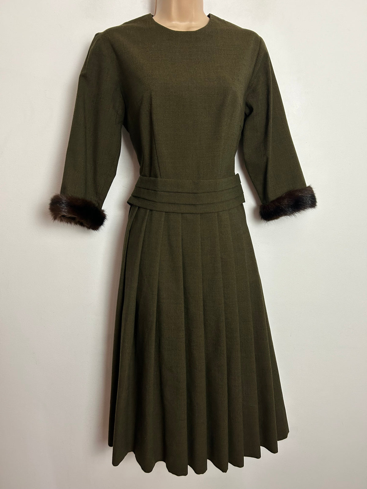 Vintage 1950s UK Size 8 Khaki Green Wool Mix Fur Cuff Pleated Dress