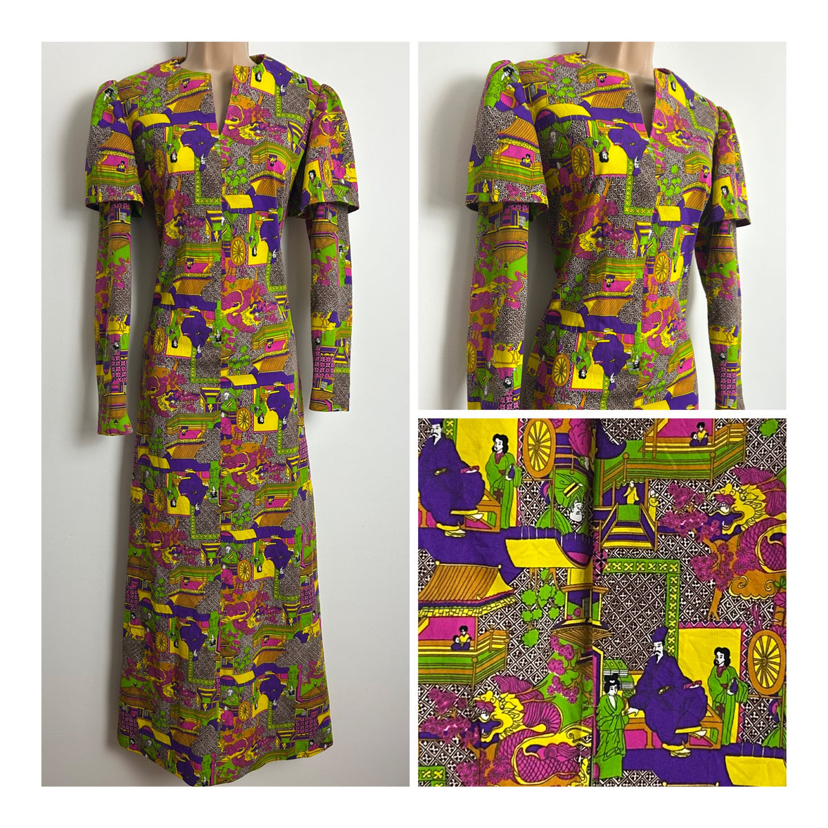 Vintage 1970s Size 8 Amazing Japanese-Inspired Psychedelic Scenic Print Maxi Dress