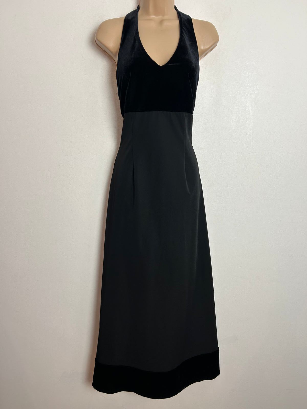 Vintage Late 1980s/Early 1990s ANGIE UK Size 6 Black Velvet Bodice Halterneck Evening Maxi Dress