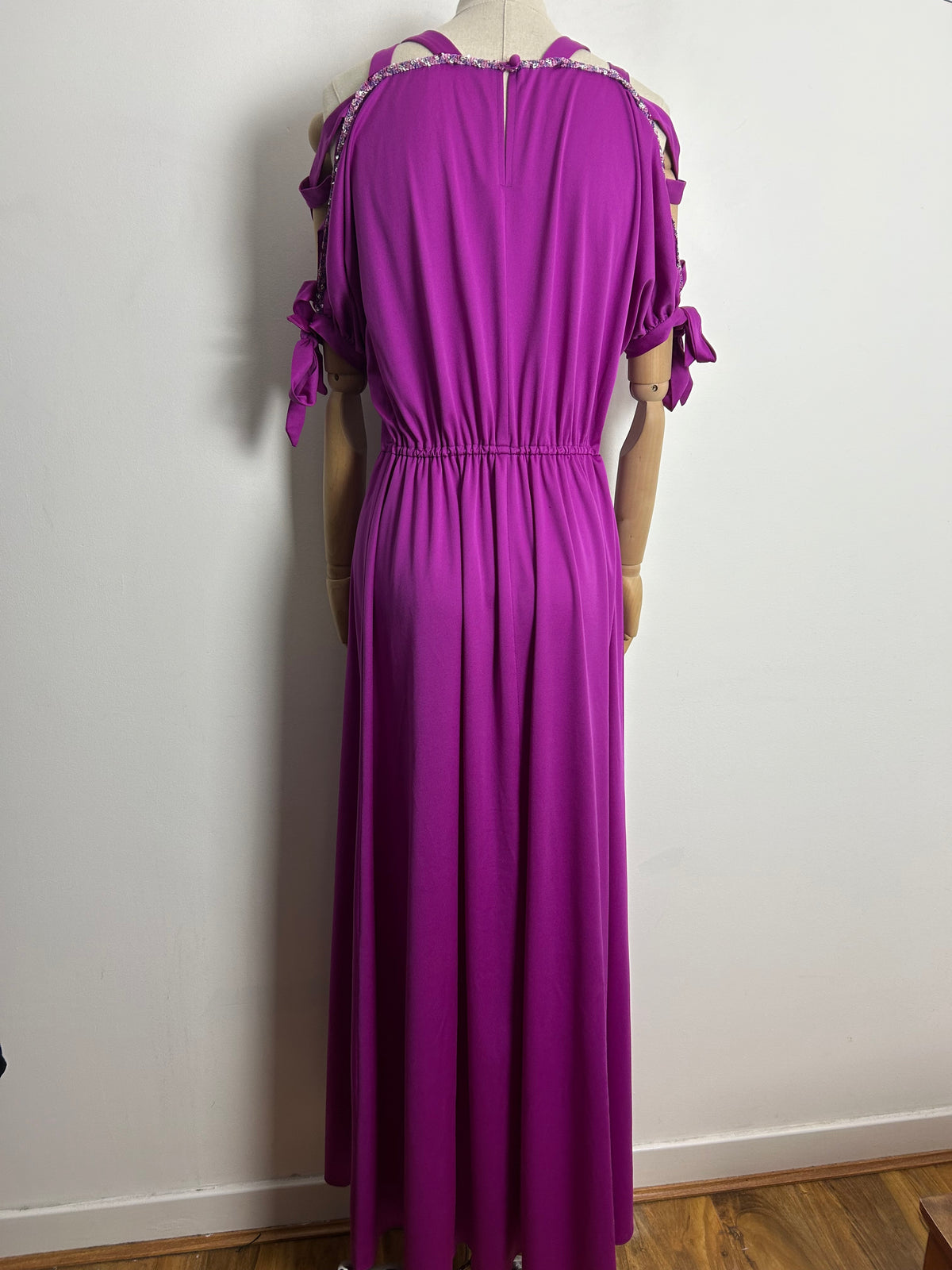 Vintage 1980s UK Size 14 Purpley Magenta Criss Cross Ladder Detail Shirt Sleeve Occasion Evening Maxi Dress