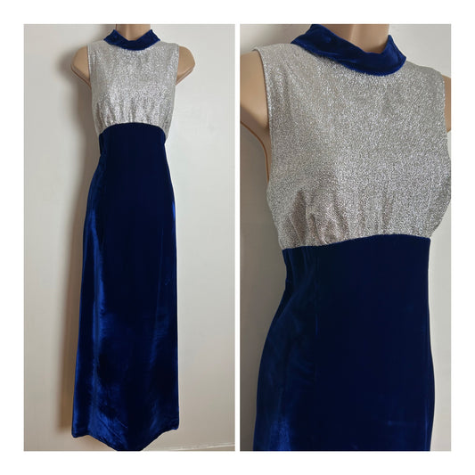 Vintage 1960s MURIEL SPENCER Size 10 Midnight Blue & Silver Lurex Occasion Evening Maxi Dress