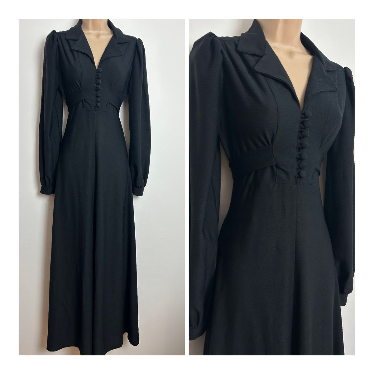 Vintage 1970s VAN ALLEN Size 10-12 Classic Black Long Sleeve Tie Back Maxi Dress