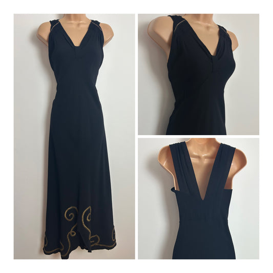 Vintage Original 1940s Size 8 Black Rayon Gold Thread Embroidered Swirl Pattern Occasion Evening Maxi Dress