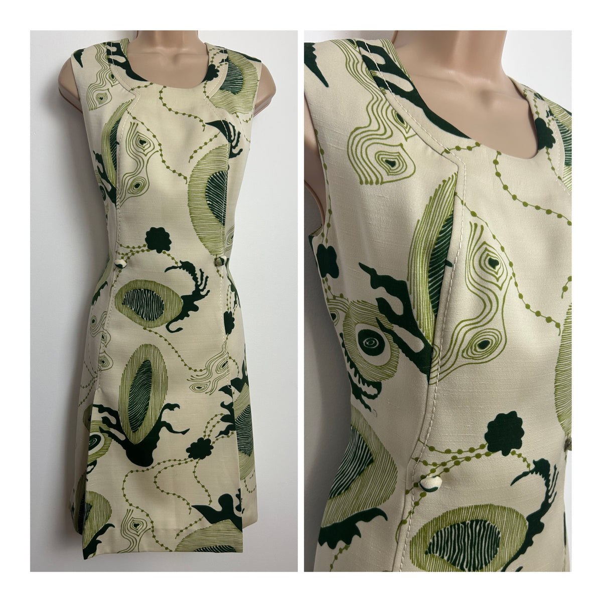 Vintage 1960s Size 12 Cream & Green Abstract Print Sleeveless Mod Shift Dress