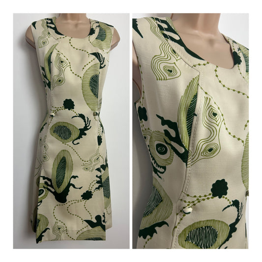 Vintage 1960s Size 12 Cream & Green Abstract Print Sleeveless Mod Shift Dress