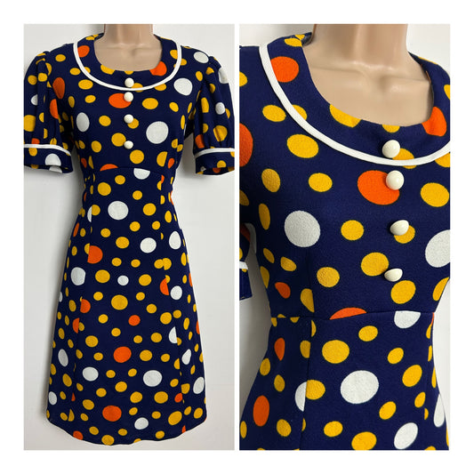 Vintage 1960s Size 12-14 Navy Blue Orange Yellow & White Spot Print Short Sleeve Mod Dress
