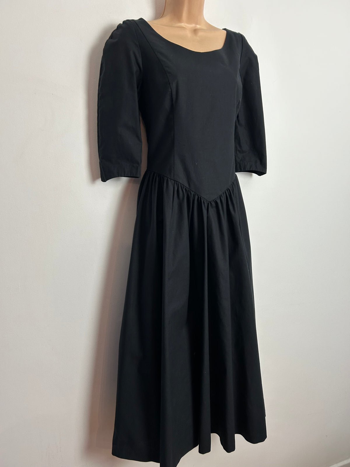 Vintage 1980s LAURA ASHLEY UK Size 12 (14 On Label) Black Surplice Bow Back Dress