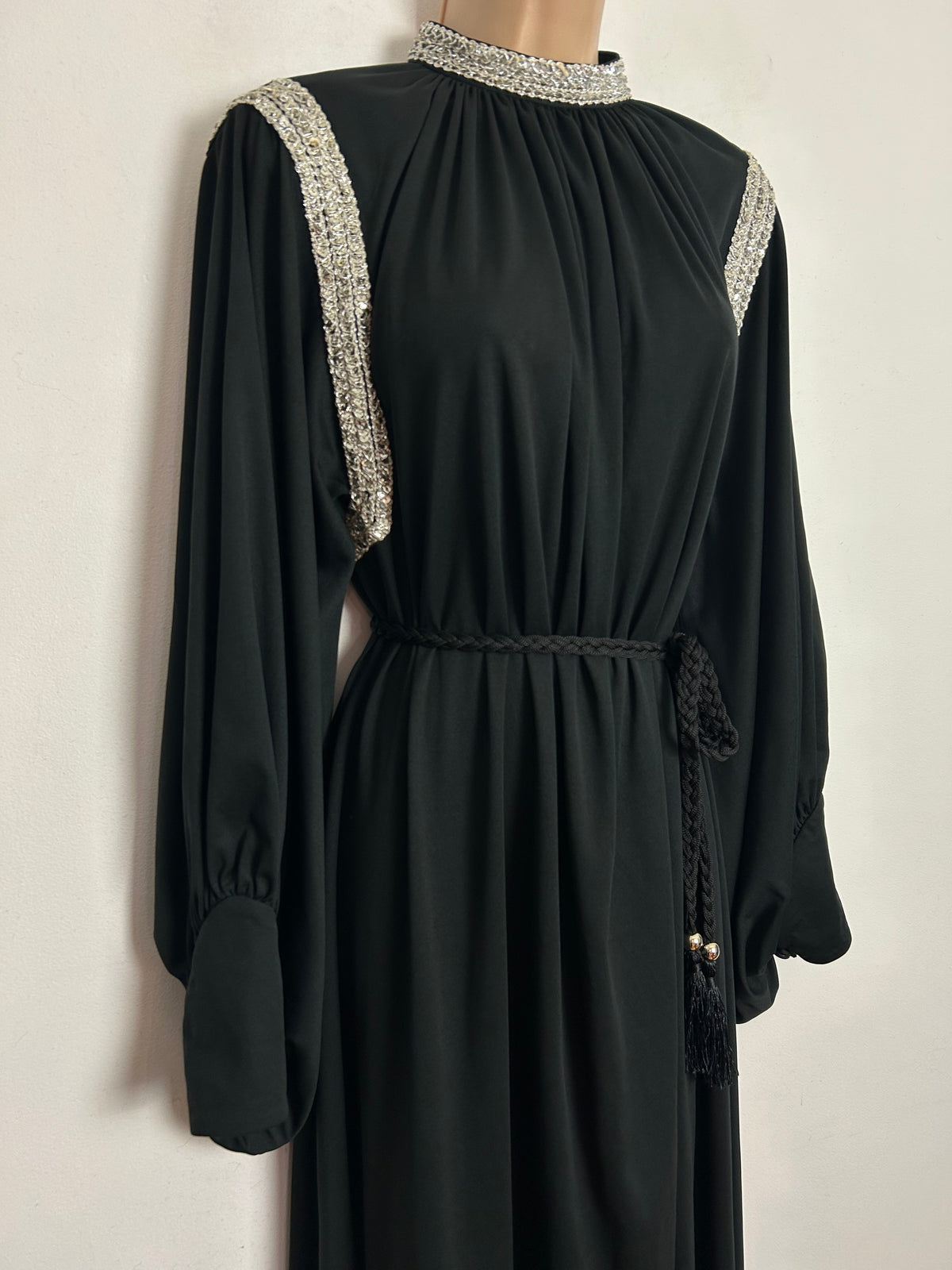 Vintage 1970s UK Size 14-16 Black Silver Braid & Sequin Trim Balloon Cuffed Sleeve Belted Occasion Evening Maxi Dress