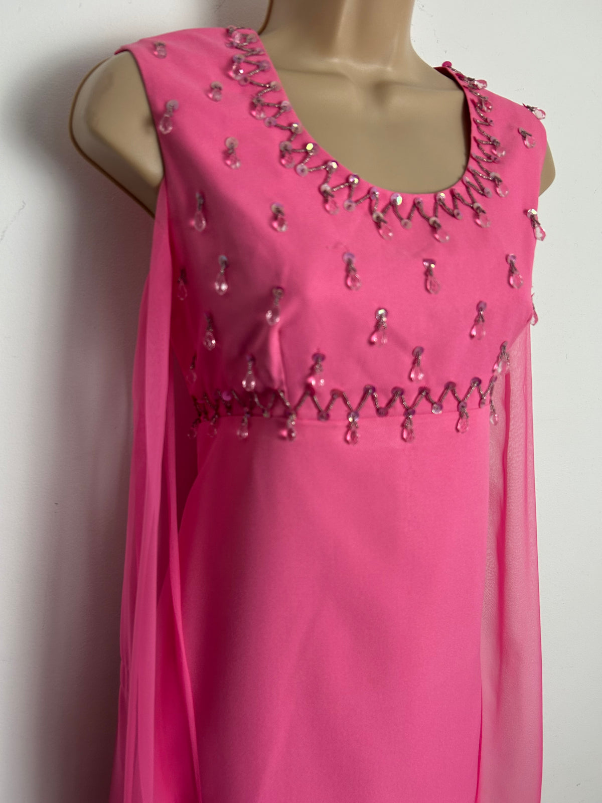Vintage 1960s Size 8-10 Candy Pink Sequin & Droplet Bead Embellished Cape Layer Occasion Maxi Dress