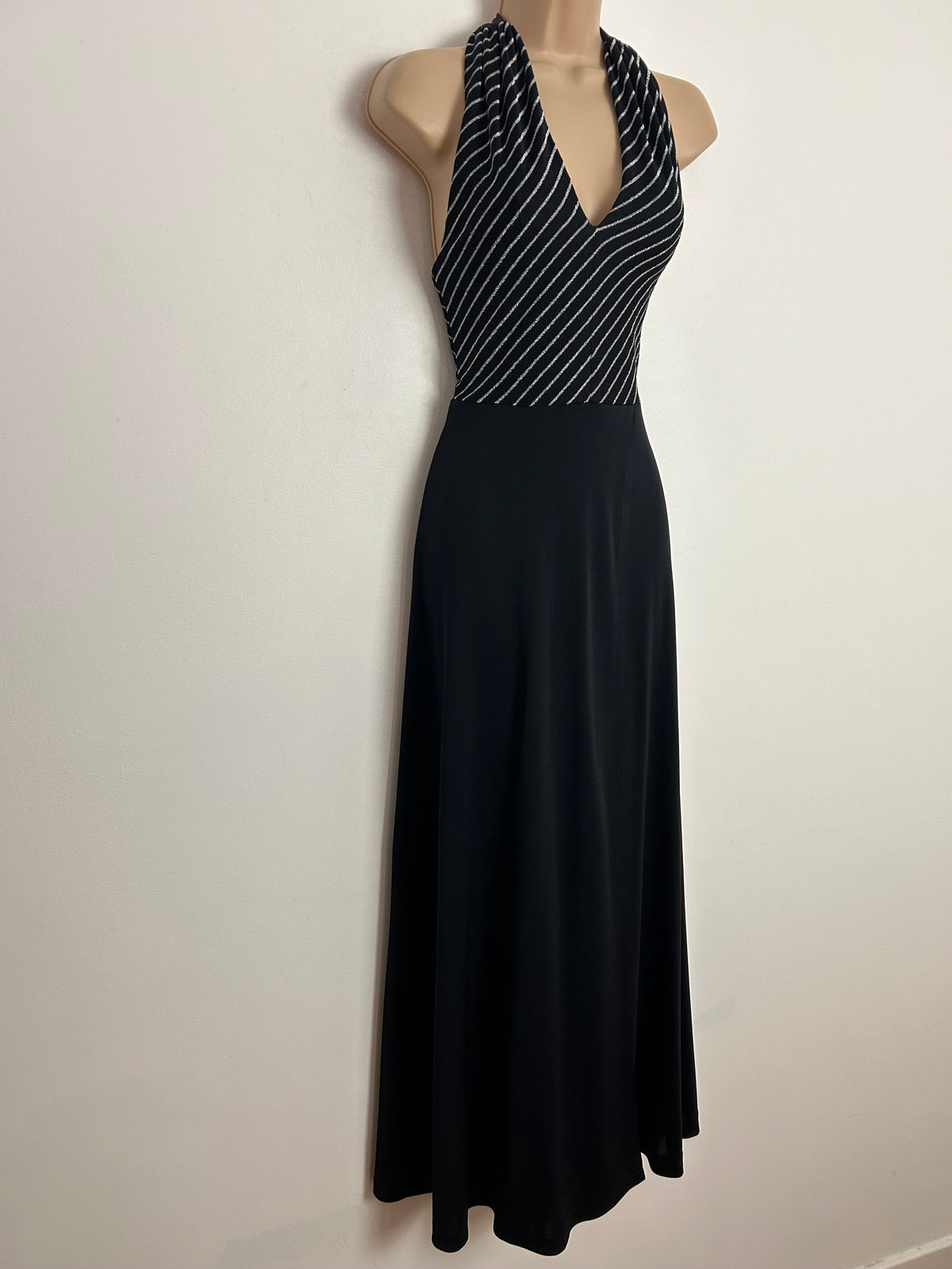 Vintage 1970s UK Size 6  Black & Metallic Silver Lurex Stripe Halterneck Evening Maxi Dress