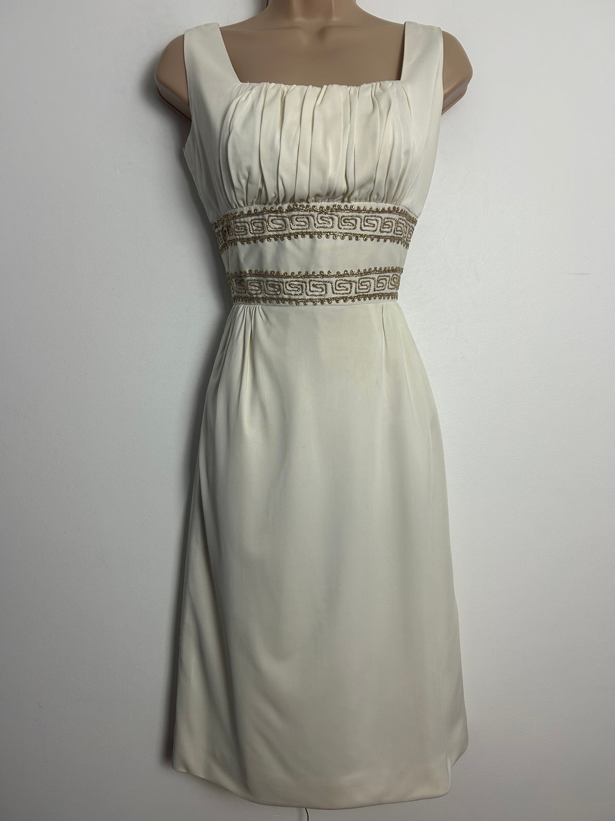 Vintage Early 1960s BLANES Size 6-8 Cream & Gold Greek Key Braid Pattern Summer Occasion Party Dress