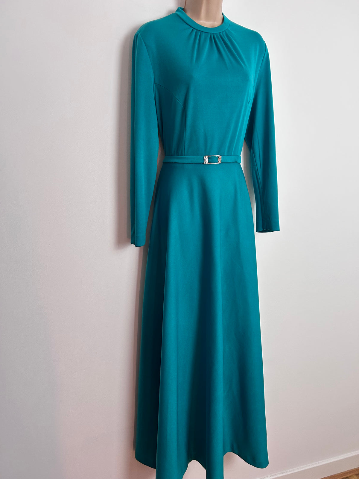 Vintage 1970s RIDELLA UK Size 12 Jade Green Long Sleeve Belted Maxi Dress