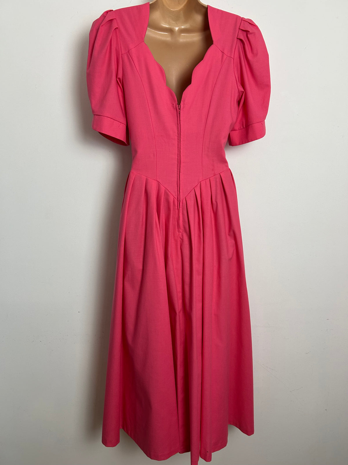 Vintage 1980s LAURA ASHLEY Size 10/12 (Size 14 On Label) Candy Pink 100% Cotton Scallop Neck Midi Dress