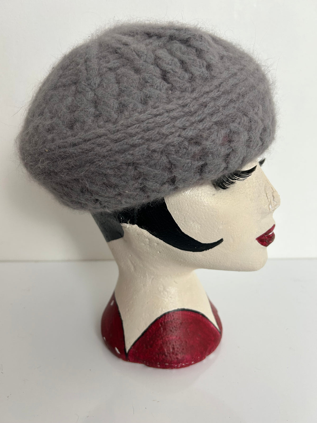 Vintage Dusky Pink Or Grey Angora & Wool Chunky Crochet Knit Reversible Beret/Beanie Style Hat