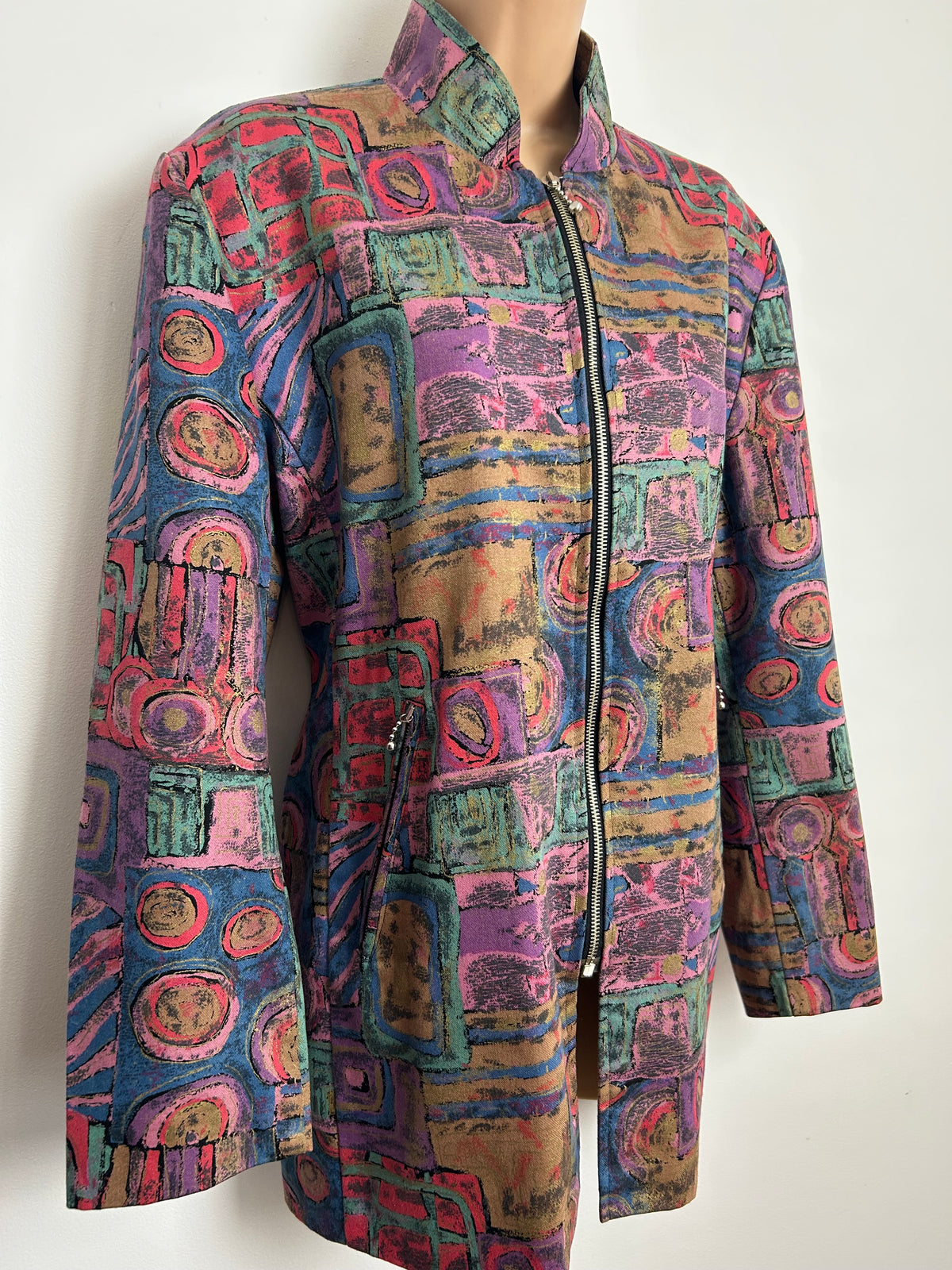 Vintage Late 1980s Size 12-14 Pink Lilac & Green Tones Abstract Print Zip Fronted Jacket