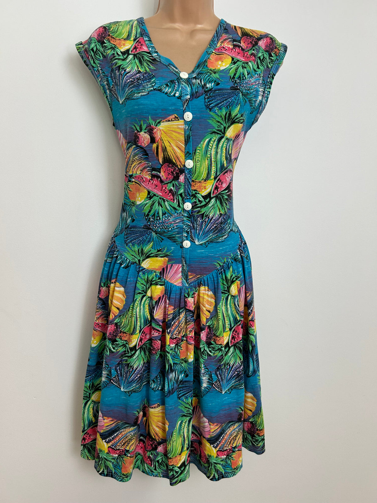 Vintage 1980s Size 8 Underwater Sea Shell & Fruit Novelty Print Cotton Day Dress