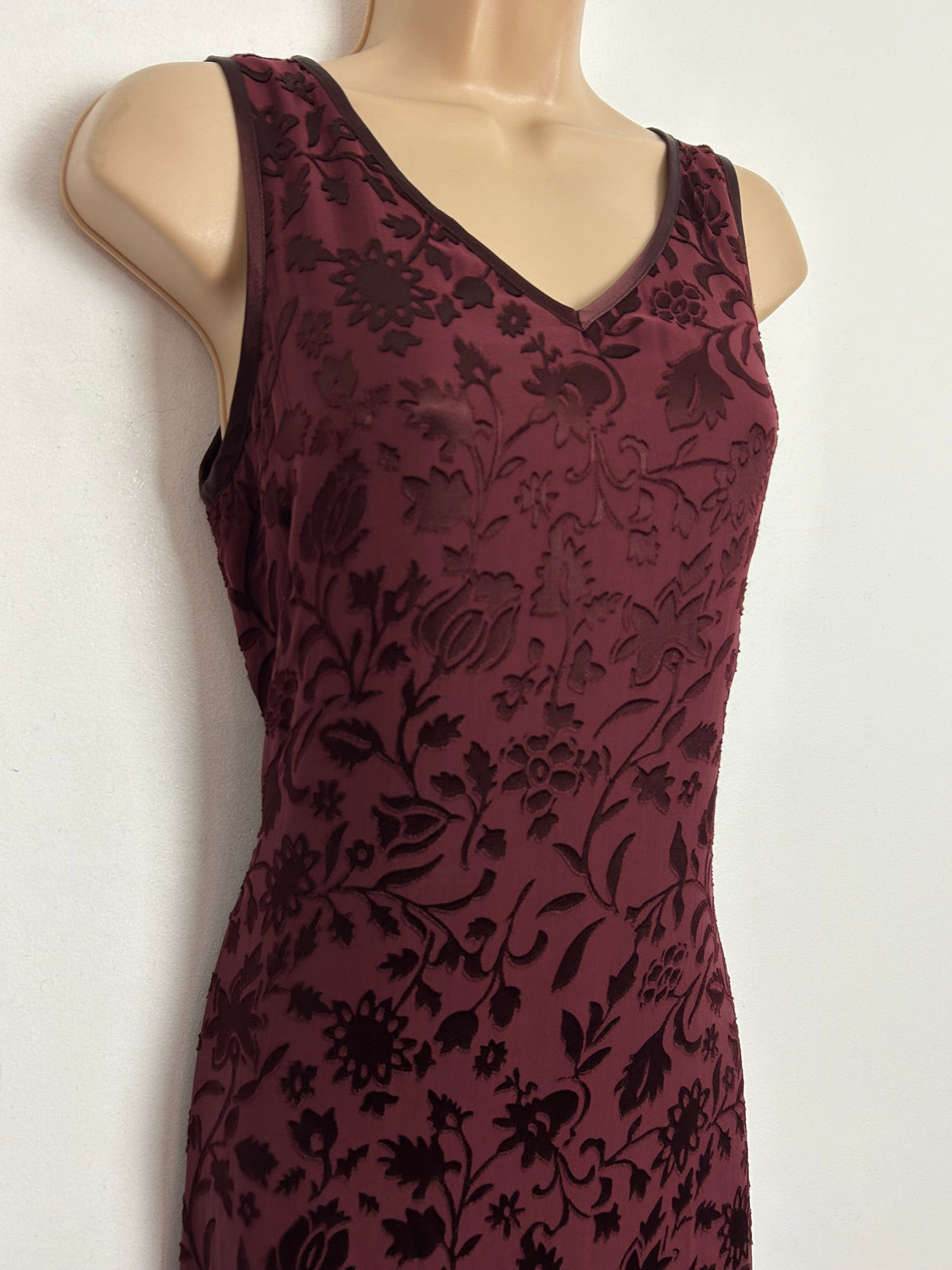 Vintage 1990s LAURA ASHLEY UK Size 10 (Size 12 On Label) Dark Claret Red Floral Damask Silk Mix Midi Occasion Dress