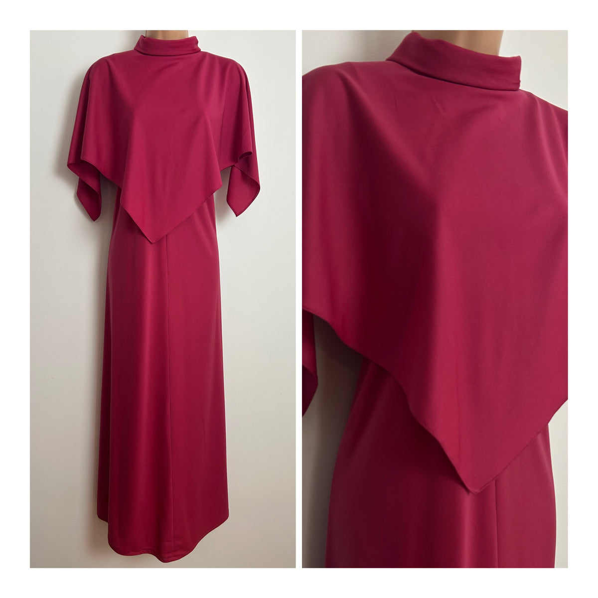 Vintage 1970s ALLDAE Size 12 Raspberry Dark Pink Cape Sleeve Double Layered Boho Maxi Dress