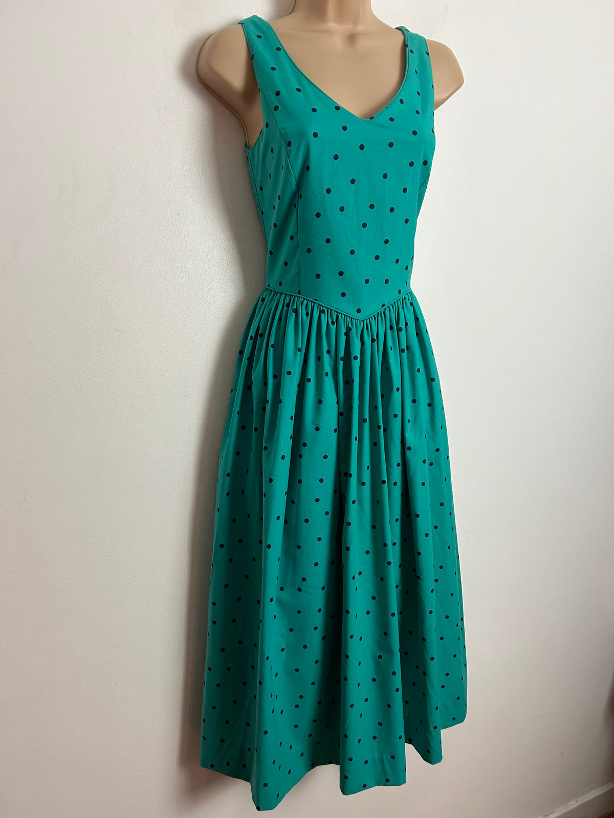 Vintage 80s LAURA ASHLEY UK Size 6-8 (Size 10 On Label) Green & Black Polka Dot Print Cotton Dress & Matching Bolero Jacket