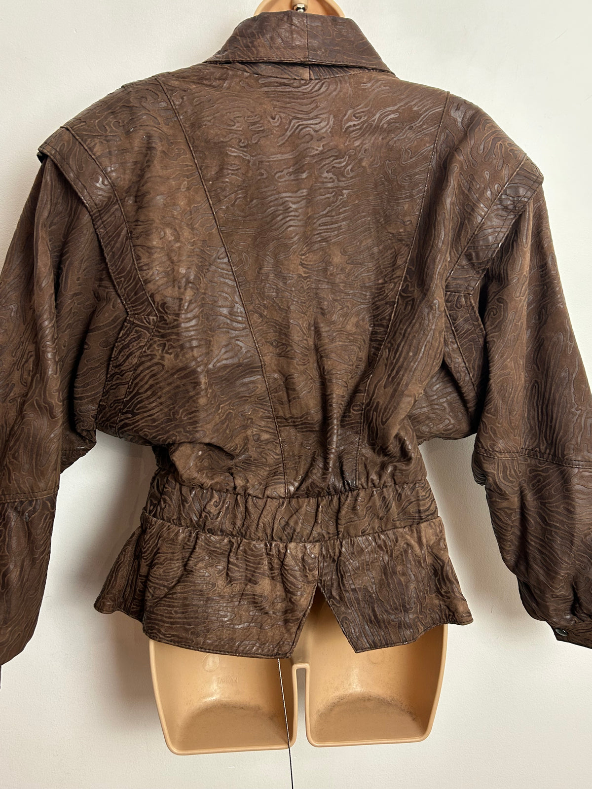 Vintage 1980s UK Size 12 Brown Leather Animal Print Fully Lined Bat Wing Jacket