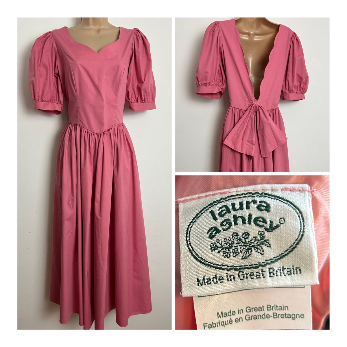 Vintage 1980s LAURA ASHLEY Size 12 (14 On Label) Salmon Pink Open Bow Back Dress