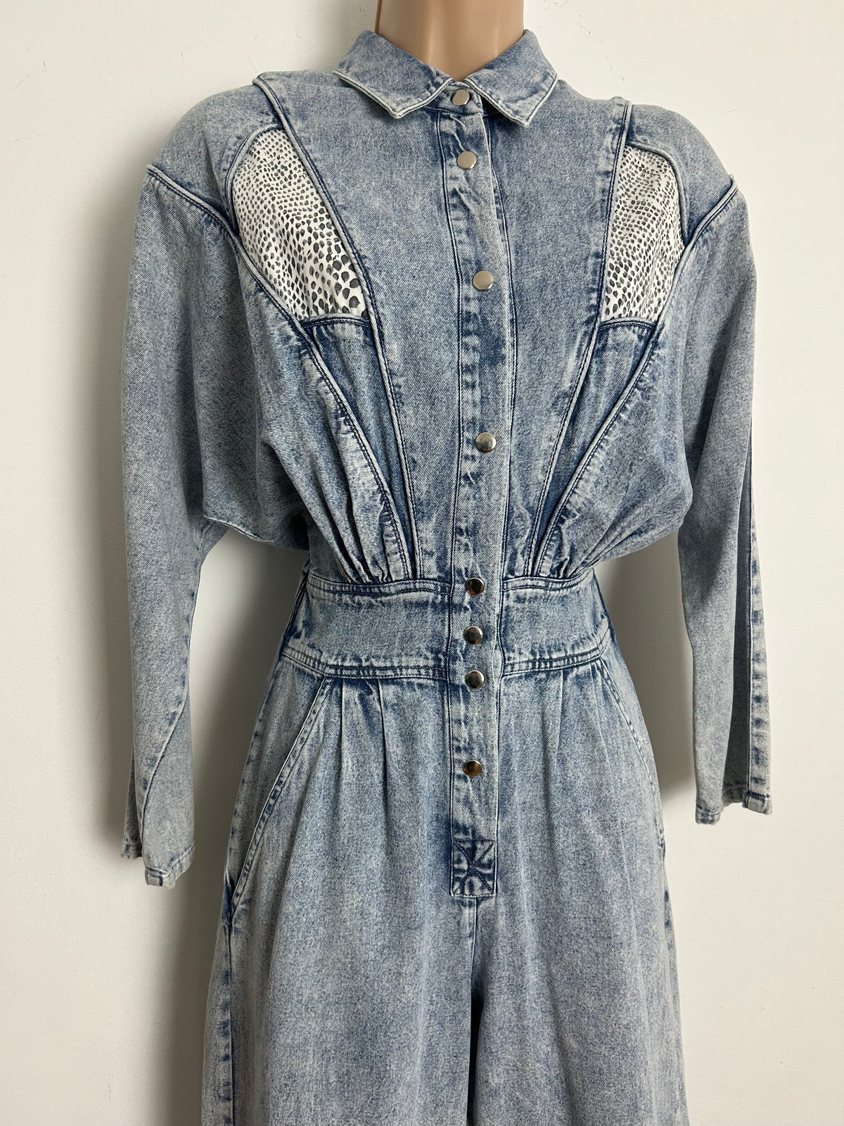 Vintage 1980s AVON FASHIONS Size 8-10 Acid Wash Denim & Snake Print Panels Tapered Leg Jumpsuit