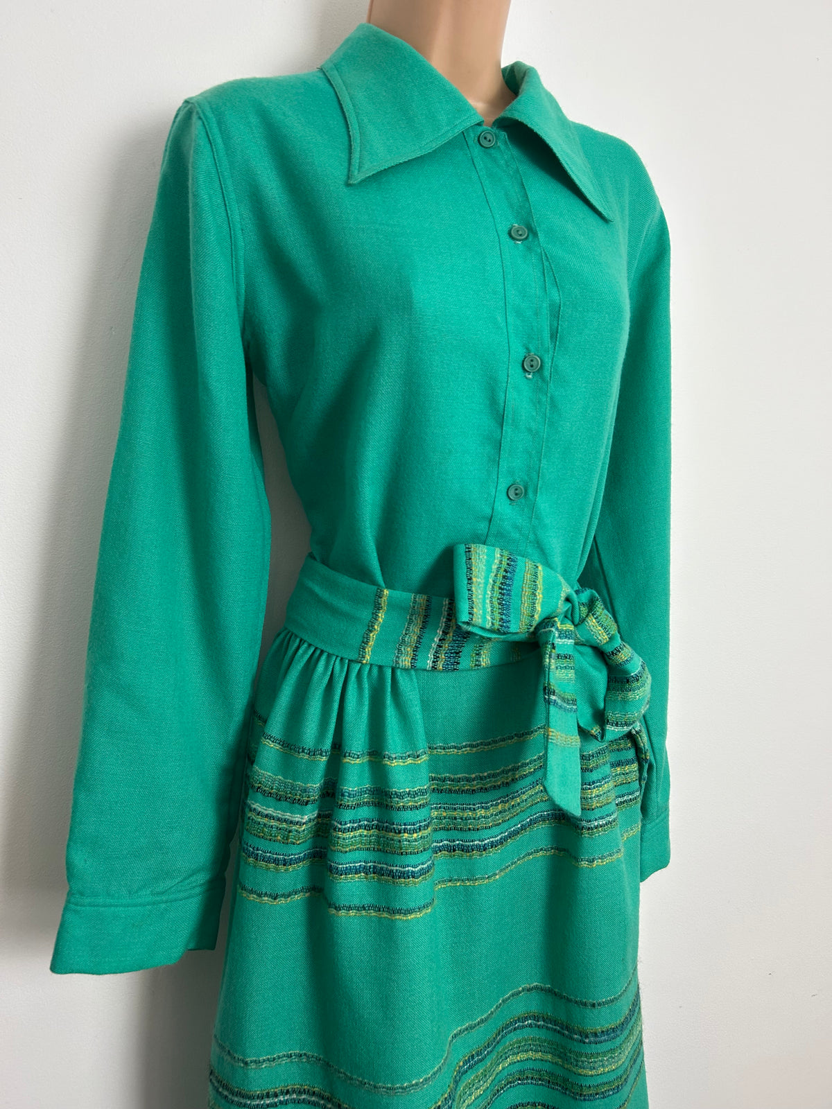 Vintage Late 1960s RARE JOHN HAGARTY Size 10/12 Jade Green Handwoven Irish Tweed Pure New Wool Maxi Dress