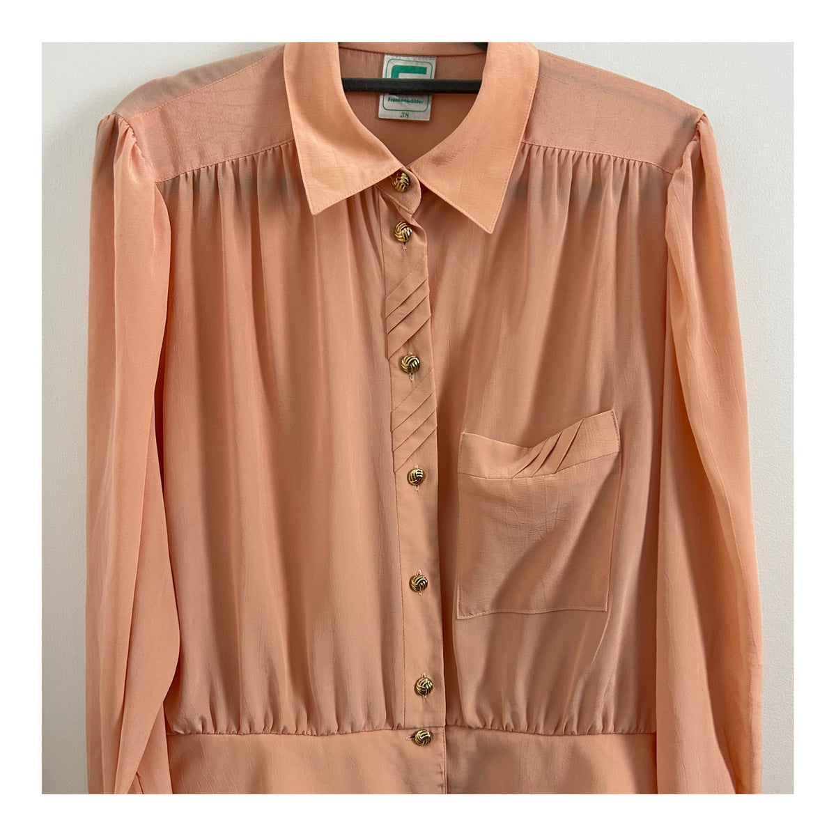 Vintage 1980s FRANKENWALDER Size 12-14 Pale Peach Pleat Detail Long Sleeve Peplum Blouse