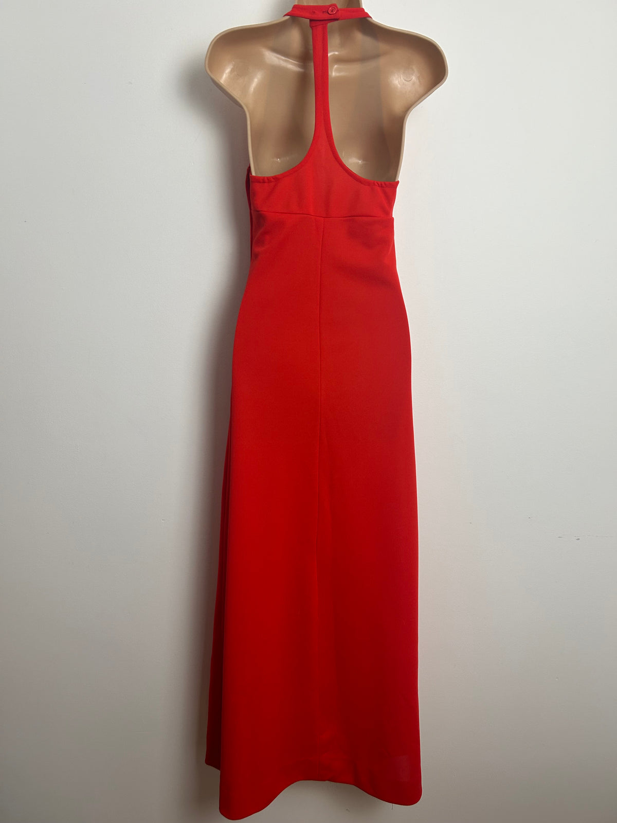 Vintage 1970s SHELANA Red Halterneck Racer Back Maxi Dress Size 8