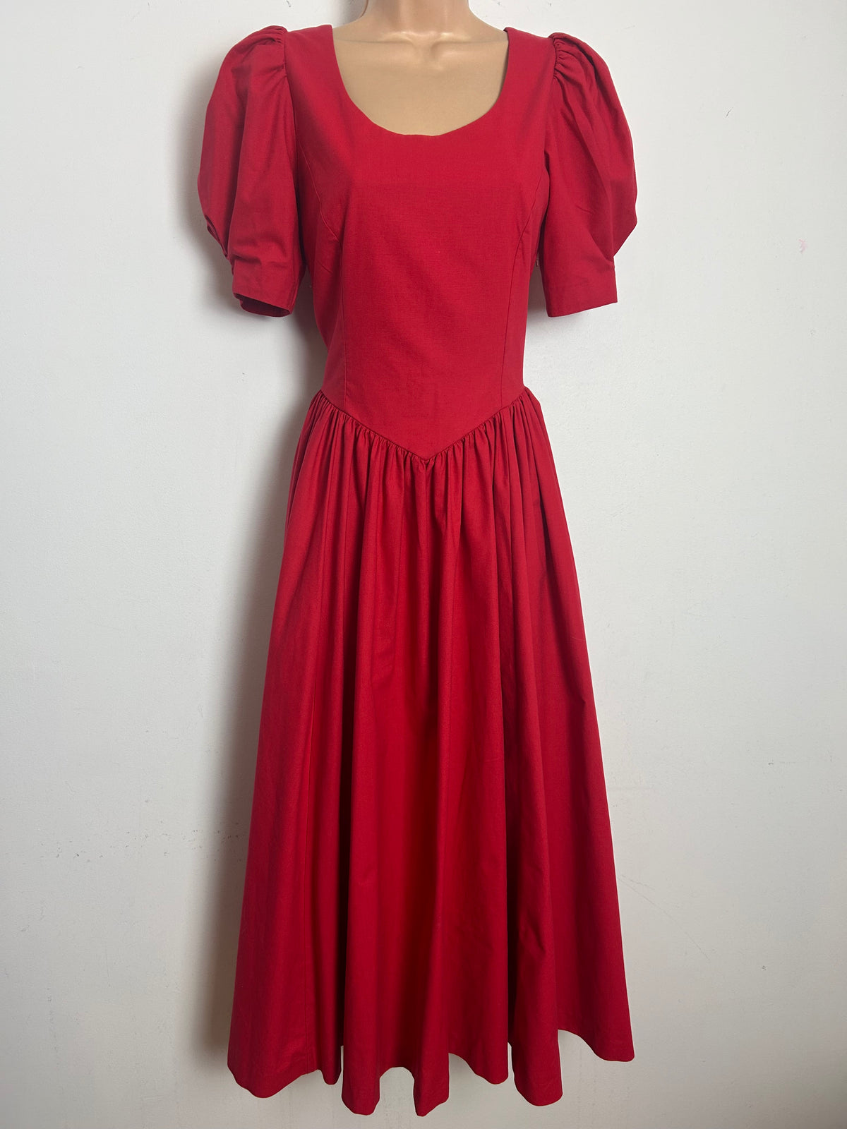 Vintage 1980s LAURA ASHLEY Size 10 (12 On Label) Red Open Bow Back Puff Sleeve Midi Occasion Gown