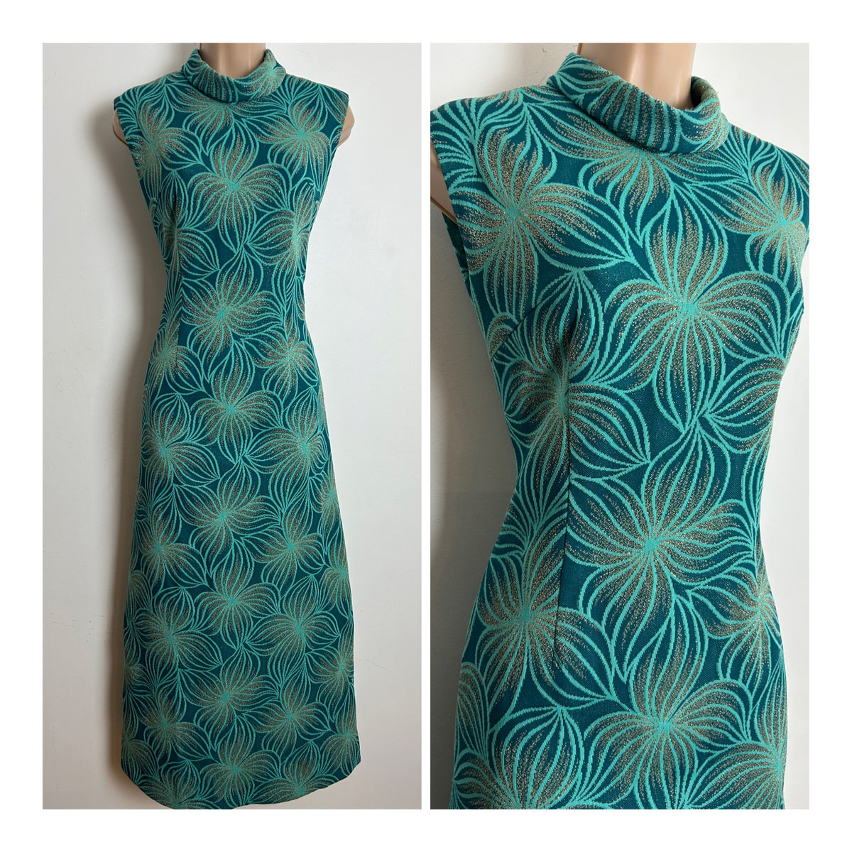 Vintage 1970s Size 8 Teal Turquoise & Gold Lurex Abstract Pattern Column Style Evening Maxi Dress