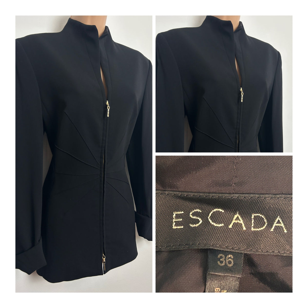 Vintage Y2K ESCADA Size 10 Black Pure New Wool Double Zip Jacket