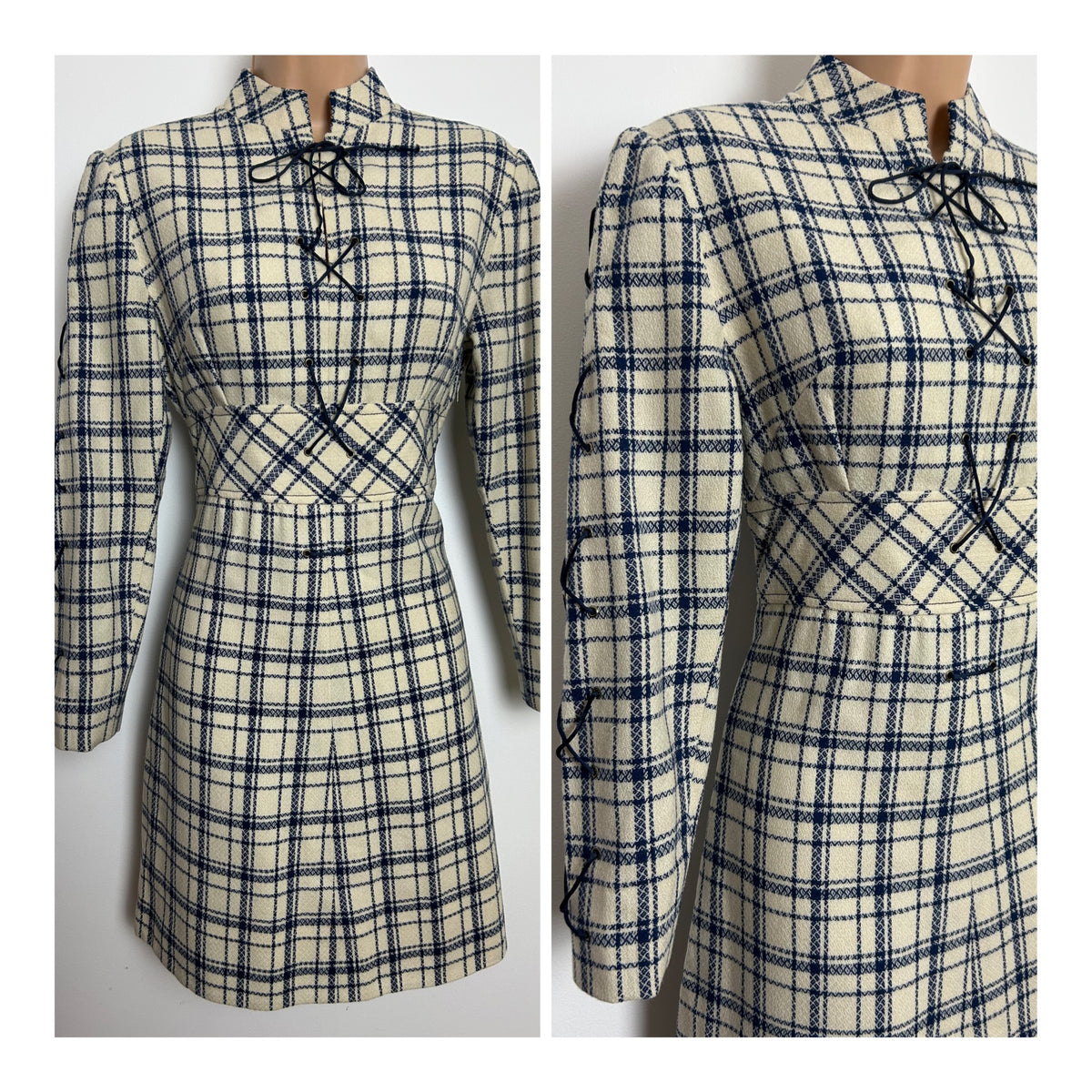 Vintage 1960s Size 8 Cream & Blue Check Pattern Wool Long Sleeve Lace Up Detail Mod Dress