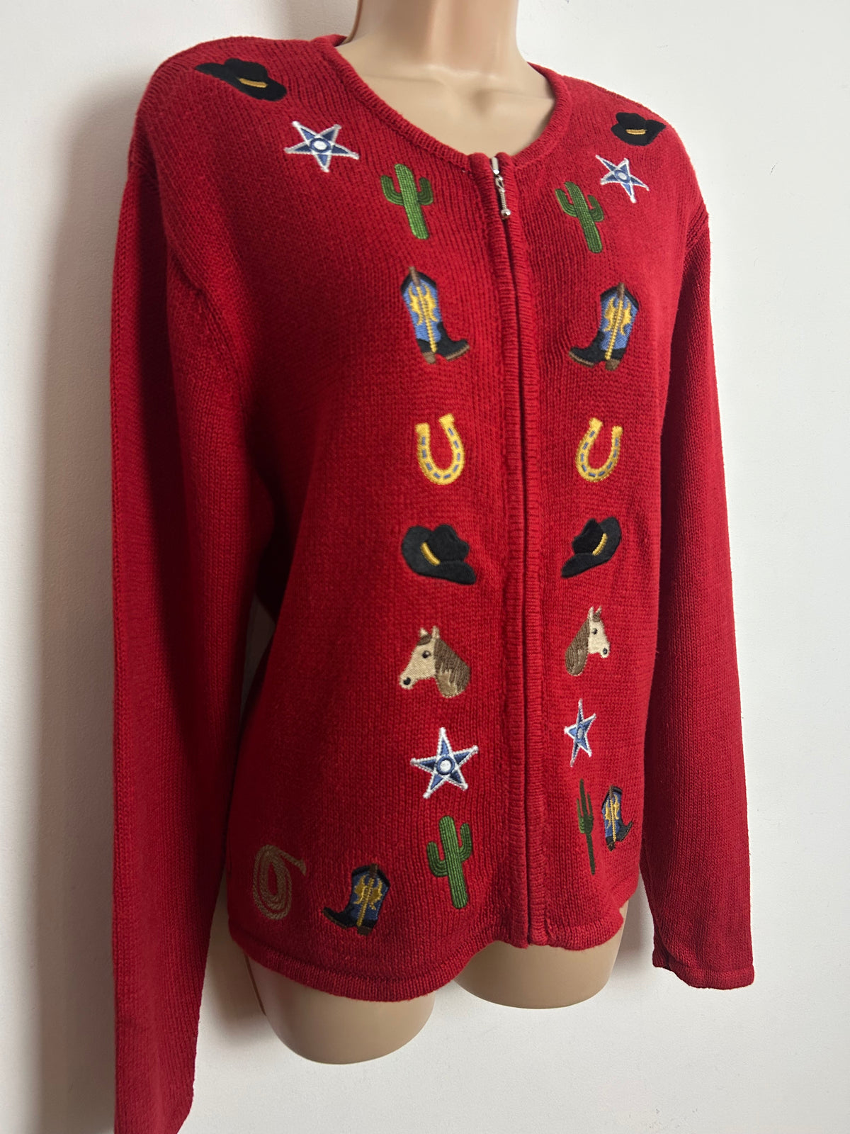 Vintage ROD'S Western Wear Size M (Up to size 14) Red Cowboy Line Dancing Applique Novelty Cardigan
