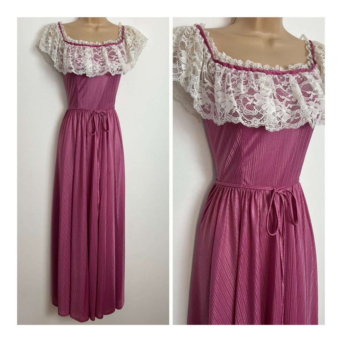 Vintage 1970s Size 6 Dusky Pink & White Lace Trim Bardot Neck Long Length Nightie