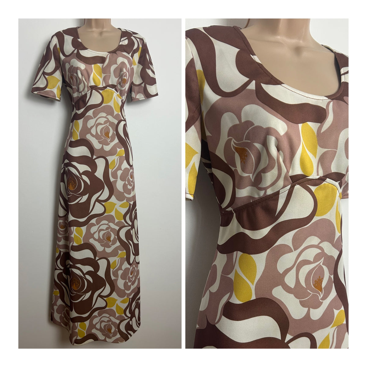 Vintage 1970s Size 10 Brown White & Yellow Abstract Print Maxi Dress